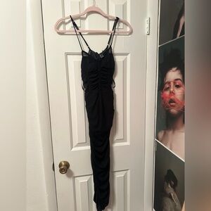 Black mesh ruched midi length dress